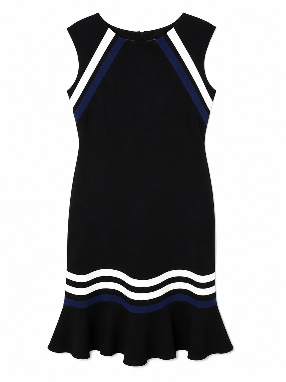Enfocus Studio Black Mini Dress with Blue and White Stripe Accents